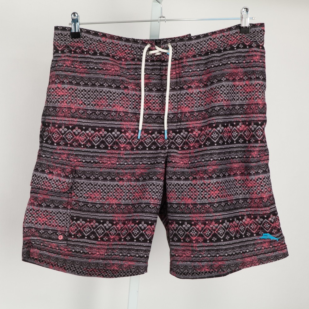 Tommy Bahama Swim Trunks Mens Large Black Pink Geometric Floral Board Shorts